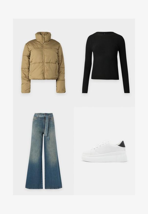 Šviesiai ruda trumpa pūkinė striukė su aukštu apykakle, pilnu priekiu užtrauktuku ir siuvinėtomis dalimis izoliacijai. Lygus, matinio paviršiaus tekstūra.; Juoda dryžuota ilga rankovė prigludusi megztinis su apvalia iškirpte, pateiktas prieš paprastą šviesią fono.; Platus džinsinis kelnes su šviesiai tamsiai mėlynu gradientu, aukštu juosmeniu, diržo kilpomis ir atitinkančiu audinio diržu. Textūruotas džinsinis paviršius.; Balti platforminiai sportbačiai, pagaminti iš lygios sintetinio audinio, su apvaliu pirštu, raištelių užsegimu ir tekstūruota guma padanga. Juodas kulno akcentas.