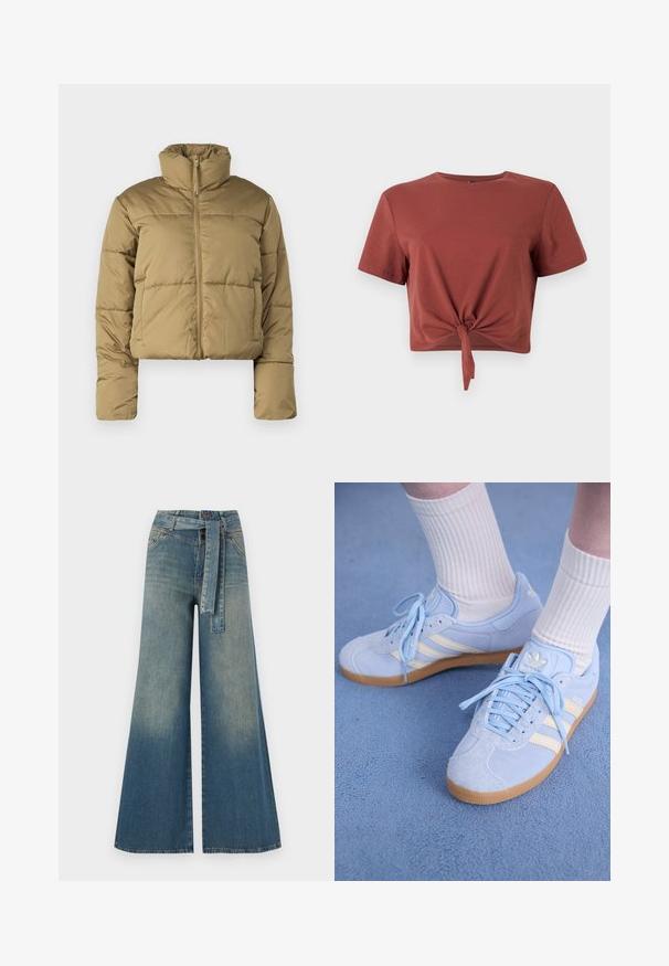Kratka puffer jakna v svetlo rjavi barvi, z visokim ovratnikom, popolnim sprednjim zadrgo in šivanimi deli za izolacijo. Gladka, mat tekstura.; T-srajčka v rjavi rjavi barvi, skrajšana, iz mehke bombažne tkanine, s kratkimi rokavi in z vozlom spredaj. Gladka tekstura, okrogli ovratnik.; Široke jeans hlače z gradientom od svetlo do temno modre, visokim pasom, zankami za pas in pasom iz istega materiala. Tekstura denim končnica.; Svjetloplave suede tenisice s bijelim trakama, ravnim vezicama i gumenenim potplatom. Iznad gležnja su nošene rebraste bijele čarape.