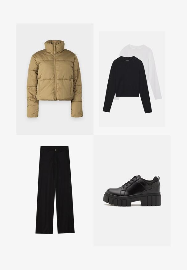 Világosbarna cropped pufi dzseki, magas gallérral, teljes hosszúságú cipzárral és szigetelésre varrt szekciókkal. Simább, matt felület.; Két hosszúujjú póló: az egyik fekete, a másik fehér. Mindkettő kerek nyakú, raglán ujjal és puha pamutkeverék anyaggal készült.; Lazán szabott, sima anyagú fekete nadrág, elülső zsebekkel és gombos derékzárral. Minimalista dizájn, minta nélküli.; Fekete bőr platform cipők vaskos blokk sarkakkal, kerek orral és hagyományos fűzős kialakítással. Simára csiszolt felület és minimális részletezés jellemzi.