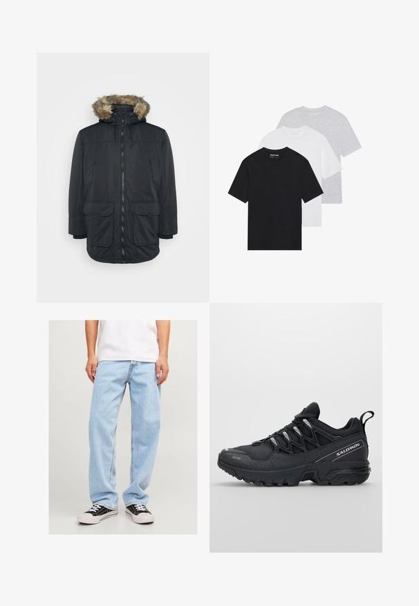 Jack & Jones JJCONSTRUCT - Winter coat - black; Set of three basic t-shirts in black, white, and light grey. Short sleeves, round neck, made from smooth cotton fabric. Brand logo visible.; Light blue denim jeans with a relaxed fit, featuring a straight leg design and standard stitching, paired with black sneakers.; Black athletic shoes with a mesh upper, rubber outsole, and reflective accents. Features a cushioned sole and lace-up closure design.