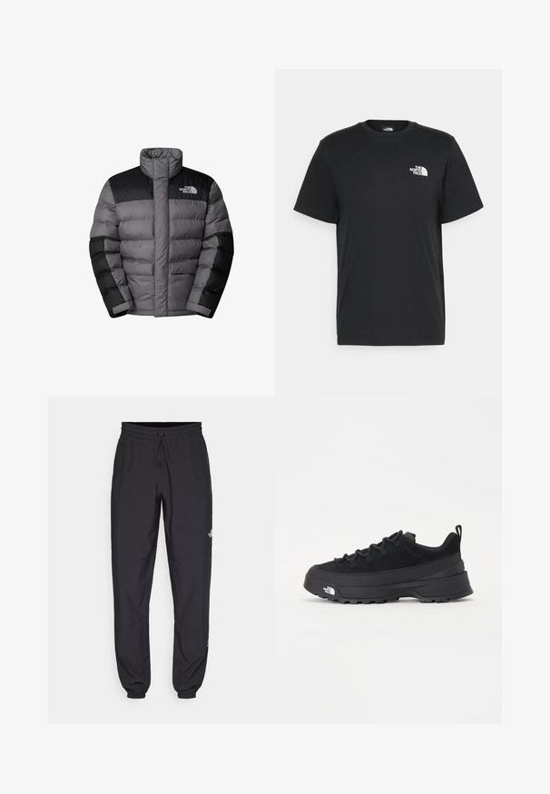 Puffed jacket v šedé a černé barvě s vysokým límcem, horizontálním prošíváním, předními kapsami a logem The North Face na hrudi.; Černé bavlněné tričko s krátkými rukávy, kulatým výstřihem a malým bílým logem na levém hrudníku. Jednoduchý design, hladká textura a uvolněný střih.; Černé sportovní kalhoty vyrobené z lehké tkaniny, s páskem na šňůrku, bočními kapsami a zúženými manžetami na kotnících.; Černé venkovní tenisky s horní částí ze semiše, texturovanou gumovou podrážkou a pevným šněrováním. Obsahují zesílenou patu a logo značky na boku.