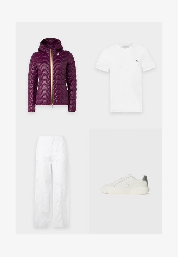 K-Way QUILTED WARM - Casaco leve - violet/purple; T-shirt de algodão branco com mangas curtas e gola redonda. Apresenta um pequeno logótipo preto "ck" no lado esquerdo do peito. Textura suave.; Calças brancas de perna larga feitas de um tecido leve, com uma textura suave, linhas limpas e um design de cintura alta.; Sapatilha branca feita de couro com textura suave, apresentando um detalhe em prateado no calcanhar, sola plana e design minimalista.