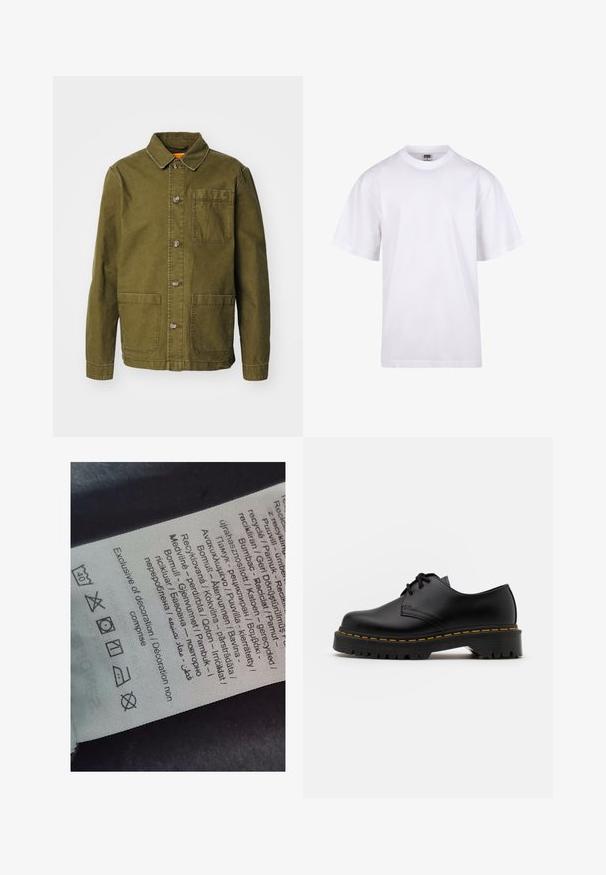 Olivroheline puuvillane jakk, millel on nuppe ettepoole, terav krae, kaks suure frontaalset taskut ja üks rindetasku.; Valge puuvillane t-särk ümmarguse kaeluse, lühikeste varrukate ja lõdva lõikega. Omab lihtsat disaini ilma mustrite või aktsendita.; Sildi silt, millel on mitmekeelsed tekstid, hooldusmärgid ja ringlussevõtuikoonid, trükitud pehme kangalaadsele materjalile heledates toonides.; Must musta lesti kingad ümarate varvastega, tekstureeritud kummitald ja kollane õmblus aluse ääres. Lame disain ja sile viimistlus.