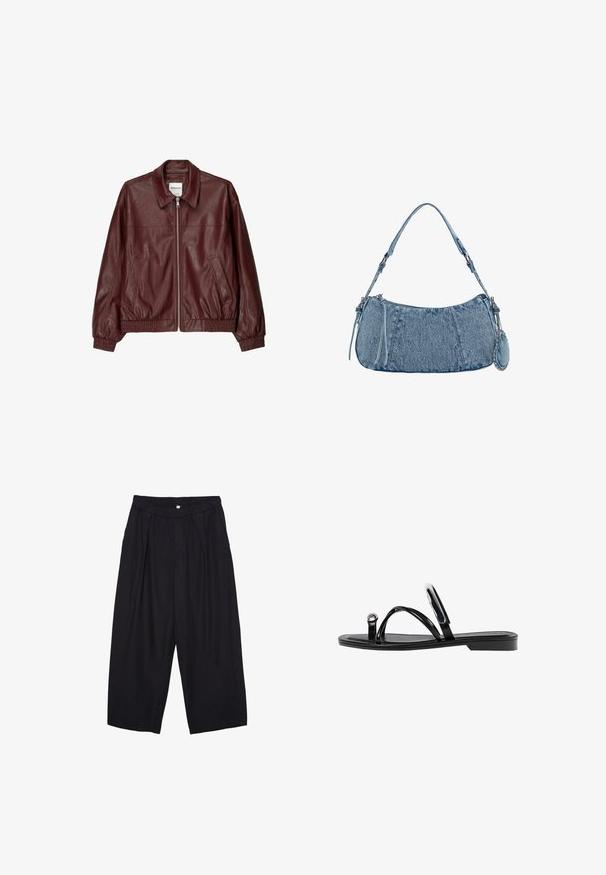 Bordowa skórzana kurtka bombowa z zamkiem z przodu, stojącym kołnierzem, dwiema bocznymi kieszeniami oraz elastycznymi mankietami i dołem. Gładka faktura.; Biała bezrękawnik z okrągłym dekoltem. Wykonana z gładkiego materiału, ma luźny krój i minimalistyczny design. Bez wzorów ani akcentów.; Czarne spodnie culotte z poliestru z elastycznym pasem, dwoma fałdami z przodu i luźnym krojem. Brak widocznych wzorów lub elementów metalowych.; Czarne płaskie sandały o błyszczącym wykończeniu, z trzema cienkimi paskami i okrąłym detalem metalowym na palcach. Smukły design z minimalnym obcasem.; Dżinsowa torba na ramię o zaokrąglonym kształcie, w jasnoniebieskim kolorze, z regulowanym paskiem na ramię oraz małą odpinaną kieszonką z metalowymi akcentami.