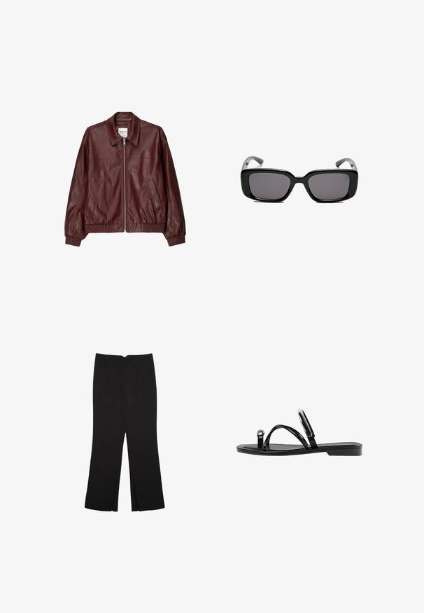 Bordová kožená bomber bunda s predným zipsom, stojatým golierom, dvoma bočnými vreckami a elastickými manžetami a lemom. Hladká textura.; Čierny bezrukávový crop top vyrobený z hladkej tkaniny, so zaobleným výstrihom a čistým, jednoduchým dizajnom bez vzorov alebo kovania.; Čierne nohavice so strihom rovného strihu, s prednými vreckami a bočnými rozparkami na leme. Vyrobené z mäkkej, hladkej tkaniny. Vhodné na rôzne príležitosti.; Čierne ploché sandále s lesklým povrchom, tromi tenkými popruhmi a okrúhlou kovovou ozdobou na prste. Elegantný dizajn s minimálnym podpätkom.; Čierne obdĺžnikové slnečné okuliare s tmavými sklami, hladkým plastovým rámom a zakrivenými stranami. Dizajn je robustný s minimalistickou estetikou.