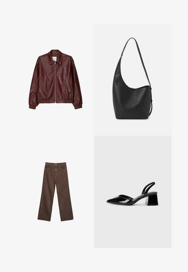 Bordeaux leren bomberjack met een voorsluiting met rits, staande kraag, twee zijzakken en elastische manchetten en onderrand. Glad textuur.; Zwart kortemouwen t-shirt van katoen. Heeft een ronde hals en een losse pasvorm met een gladde, egaal textuur. Geen zichtbare patronen of accenten.; Brede bruine spijkerbroek van denim, met een hoge taille, voorzakken en een klassieke knoopsluiting. Soepele textuur met subtiele stiksels.; Zwarte gepatineerde leren slingback hakken met een spitse neus en een geometrische blokhak. Kenmerkt zich door een slank, minimalistisch ontwerp en een gladde textuur.; Zwarte leren hobo tas met een gladde textuur, kromme vorm en een enkele verstelbare schouderband; heeft een brede opening aan de bovenkant.