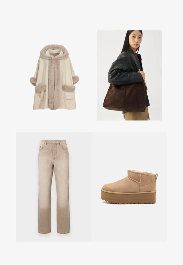 Poncho beige con capucha, que presenta ribetes de pelo sintético y bolsillos. Textura suave con una forma suelta y fluida. Accentuado con un cuello y mangas de felpa.; Suéter de color crema claro con mangas largas, cuello redondo y dobladillo de canalé. Fabricado con un material suave, presenta una textura lisa.; Jeans de mezclilla beige con un efecto ligeramente desgastado, diseño de pierna recta, estilo de cinco bolsillos y cierre de botón metálico en la cintura.; Botas de tobillo de ante beige con un interior suave, que cuentan con una suela tipo plataforma y una lengüeta en la parte posterior para ponérselas fácilmente. Suela de goma texturizada.; Bolsa de tote de ante marrón con forma amplia y textura suave, con una sola correa y un hardware minimalista sobre un fondo neutro.