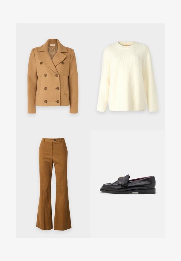 Cappotto cammello doppiopetto realizzato in misto lana, con revers, bottoni marroni e tasche laterali foderate in satin.; Maglione a coste color crema con colletto rotondo, maniche lunghe e vestibilità rilassata. Texture morbida con linee orizzontali in tutto il capo.; Camicia in denim blu chiaro con colletto a punta, bottoni frontali e due tasche sul petto. Presenta maniche lunghe e una vestibilità rilassata.; Pantaloni a zampa d'elefante marroni realizzati in tessuto testurizzato, dotati di chiusura con bottone e design della vita pulito.; Mocassini neri in pelle con un motivo cucito, texture liscia, dettaglio con fibbia dorata e punta arrotondata, posizionati su una suola bassa nera.