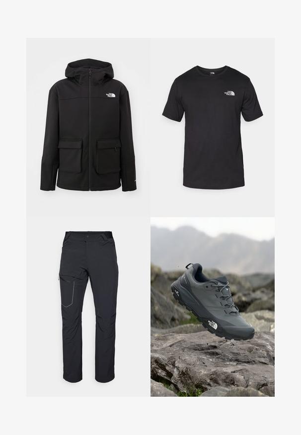 The North Face ANCOHUMA SOFTSHELL JACKET - Mekana jakna - black; Crna majica kratkih rukava od pamuka, s okruglim izrezom i malim bijelim logotipom na gornjem lijevom dijelu prsnog koša.; Crne vanjske hlače s patentnim zatvaračem na butu, elastičnim pojasom i glatkim, vodootpornim materijalom. Čist dizajn bez vidljivih logotipa.; Sive trail trkačka cipela s teksturiranim gornjim dijelom, izdržljivom gumenom potplatom i ojačanim vrhom. Ima vezice i logotip branda sa strane.