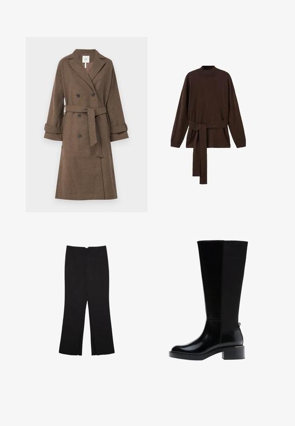 Object OBJKEILY - Klassinen takki - morel; Ruskea neulepaita, jossa on korkea kaula-aukko, pitkät hihat ja yhteensopiva vyö. Pehmeä rakenne ja rento malli.; Mustat housut suoralinjaisella leikkauksella, joissa on etutaskut ja sivurei'ät helman alla. Valmistettu pehmeästä ja sileästä kankaasta. Sopii eri tilaisuuksiin.; Musta polven korkeudelle ulottuva saapas, jossa on sileä nahkapinta, näkyvät saumat, mahtava korko ja teksturoitu takapaneeli lisäyksinä.