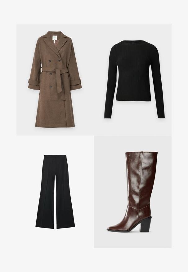 Object OBJKEILY - Manteau classique - morel; Pull ajusté noir à manches longues et côtelé avec un col rond, présenté sur un fond clair uni.; Pantalons larges noirs avec une texture lisse, présentant des plis sur le devant et un design ajusté. Le tissu est léger et fluide.; Botte haute en cuir marron foncé avec un bout pointu et un talon empilé, présentée de côté sur un fond uni.