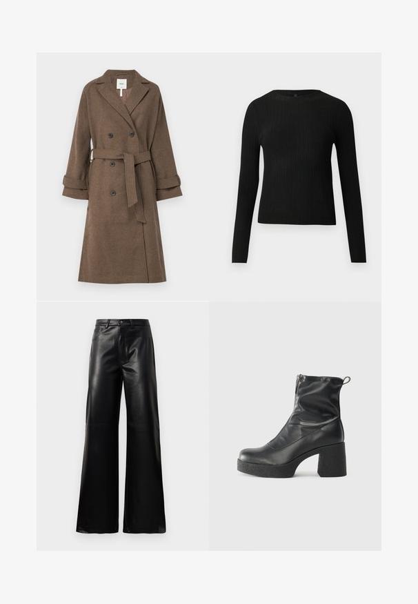 Object OBJKEILY - Classic coat - morel; Black ribbed long-sleeve fitted sweater with a round neckline, displayed against a plain light background.; Black high-waist wide-leg faux leather pants with front button, zip closure, belt loops, and side pockets on white background.; Black ankle boots made of smooth leather, featuring a side zipper, chunky textured heel, and rounded toe design.