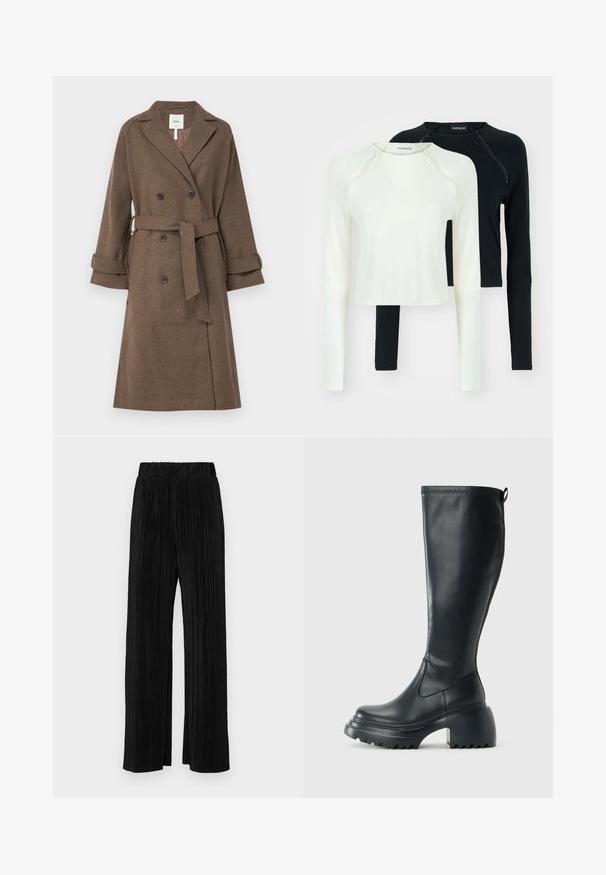 Object OBJKEILY - Manteau classique - morel; Deux tops à manches longues, l'un blanc et l'autre noir. Les deux présentent des encolures rondes et des zips décoratifs à l'épaule. Tissu lisse.; Pantalons plissés noirs avec une taille élastique. Présente des jambes larges et un tissu lisse texturé avec des rayures verticales.; Botte en cuir noir haute avec semelle plateforme épaisse et talon carré, dotée d'une languette et d'un motif texturé sur la semelle extérieure.