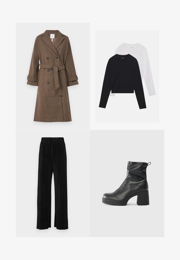 Object OBJKEILY - Abrigo clásico - morel; Dos camisetas de manga larga: una negra y una blanca. Ambas cuentan con un cuello redondo, mangas raglán y una suave mezcla de algodón.; Pantalones negros de pliegues con una cintura elástica. Presentan piernas anchas y una tela suave y texturada con rayas verticales.; Botines negros de tobillo, hechos de cuero suave, con cierre lateral, tacón grueso texturizado y diseño de punta redondeada.