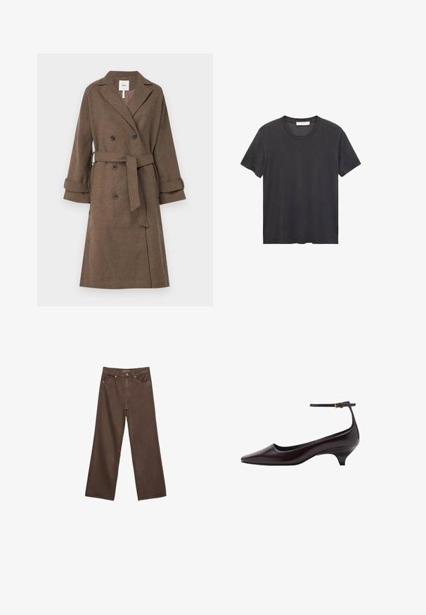 Object OBJKEILY - Klasičan kaput - morel; Crna majica s okruglim izrezom napravljena od mekanog pamuka. Kratki rukavi, opušteni kroj i ravni rub bez ukrasnih elemenata ili uzoraka.; Proširene smeđe traperice od denima, s visokim strukom, prednjim džepovima i klasičnom kopčom na dugme. Glatka tekstura s suptilnim šavovima.; Tamno smeđe kožne cipele s kitten petom, šiljastog vrha, s tankim remenom oko gležnja i malim zlatnim kopčanjem.