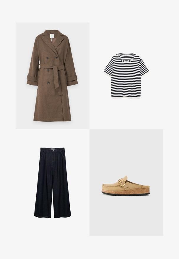 Object OBJKEILY - Klasični plašč - morel; Prajčasta majica iz bombaža s temno modrimi in belimi vodoravnimi črtami, ima okroglo izrezan ovratnik in kratke rokave. Gladka tekstura.; Temno jeans hlače širšega kroja z visokim pasom, ki imajo sprednje zapiranje na gumb, dve stranski žepu in detajle v šivanju.; Bežne klompe s širokim remenom i zlatno sponko, narejene iz mehkega materiala, z notranjim delom iz plute in teksturiranim črnim gumijastim podplatom.