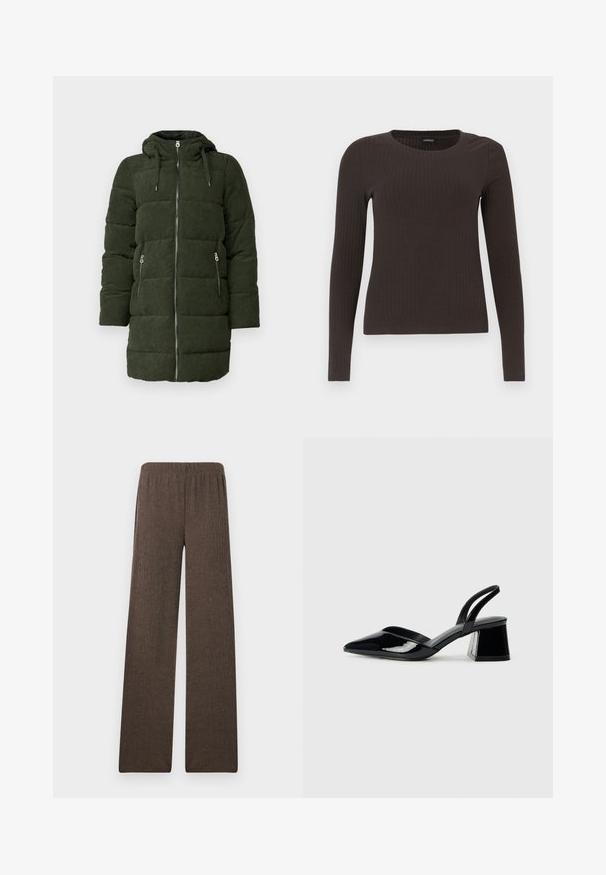 Zeleni pufast plašč iz kordura z kapuco, z žepi na straneh, polno zadrgo spredaj in prešito teksturo.; Rjav, dolgosleeve rebrasti zgornji del s krožnim izrezom. Narejen iz gladkega, raztegljivega materiala, z oprijetim silhuetom in minimalnimi detajli.; Hlače širokih nogavica iz teksturiranega rjavega blaga z elastičnim pasom, ki imajo naravni kroj in gladko površino.; Črne lakirane slingback pete s koničastim nosom in geometrijsko blokasto peto. Imajo eleganten, minimalističen dizajn in gladko teksturo.