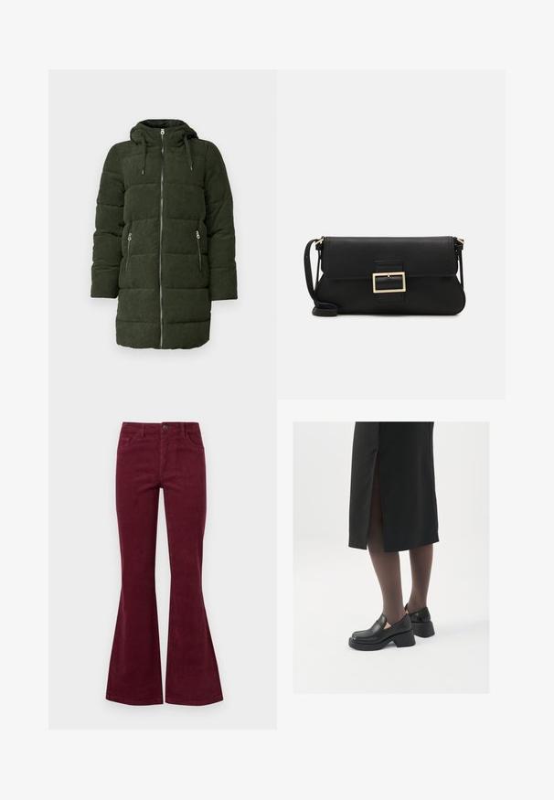Grüne Cordura-Lederjacke mit Kapuze, ausgestattet mit einem vollständigen Frontreißverschluss, zwei Seitentaschen und gestepptem Design.; Weißes ärmelloses Tanktop aus geripptem Stoff, mit rundem Ausschnitt und figurbetonter Silhouette, minimalen Nähten und ohne Verzierungen.; Bordeauxfarbene Corduroy-Hosen mit weitem Bein, fünf Taschen, einer Knopfleiste vorne und strukturiertem Stoff. Die Ausstellungen beginnen am Knie und gehen bis zum Saum.; Schwarze Lederschuhe mit abgerundetem Zeh, dicker Blockabsatz und elastischen seitlichen Akzenten, kombiniert mit dunklen Strumpfhosen und einem schwarzen Rock mit Schlitz.; Schwarze Leder-Clutch mit Klappe und goldfarbenem Metallschnallen-Detail. Enthält einen schwarzen Riemen und ein schlankes, minimalistisches Design.