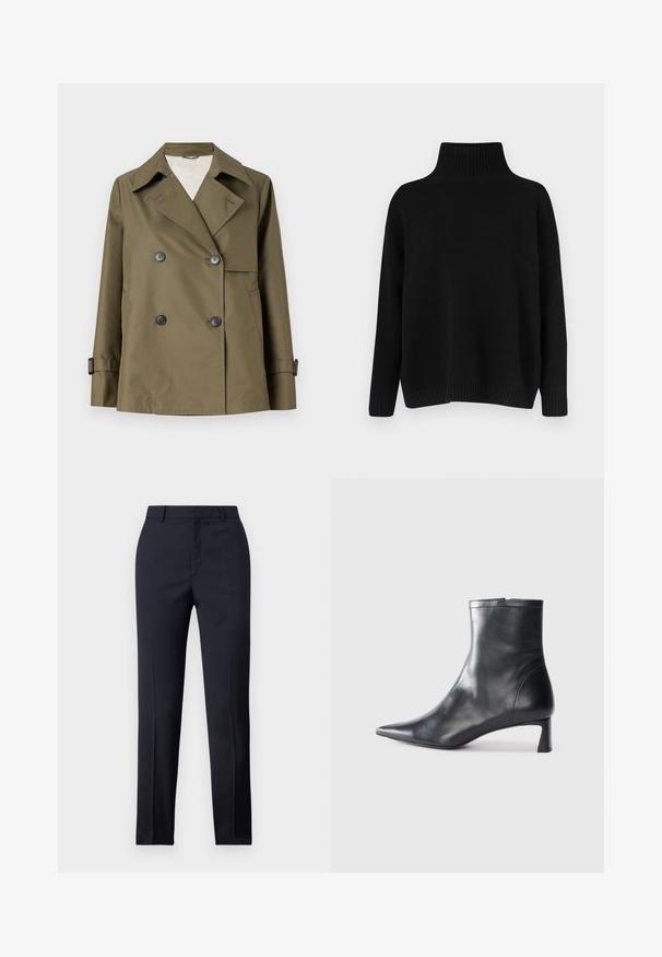 WEEKEND MaxMara BIGLIA - Light jacket - kaki; Black knitted sweater with a high ribbed collar, dropped shoulders, and a relaxed fit. Features ribbed cuffs and hem for texture.; Navy tailored trousers with a straight cut, featuring a smooth texture, two front pockets, and a clean waistband.; Black leather ankle boot with a pointed toe and a sleek design. Features a low heel and a zipper closure at the back. Smooth texture.