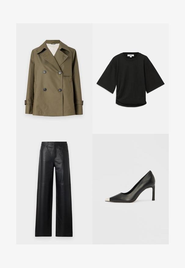 Weekend Max Mara BIGLIA - Könnyű dzseki - kaki; Fekete, rövid ujjú póló puha pamutból, lekerekített nyakkal és laza szabással, oldalán finom ráncolással.; Széles szárú fekete bőrnadrág sima textúrával, elülső zsebekkel, gombos zárással és finom varrással.; Fekete bőr magas sarkú cipő hegyes orral és fém ezüst orrtippel. Simább kivitelű, karcsú, 10 cm-es sarokkal.