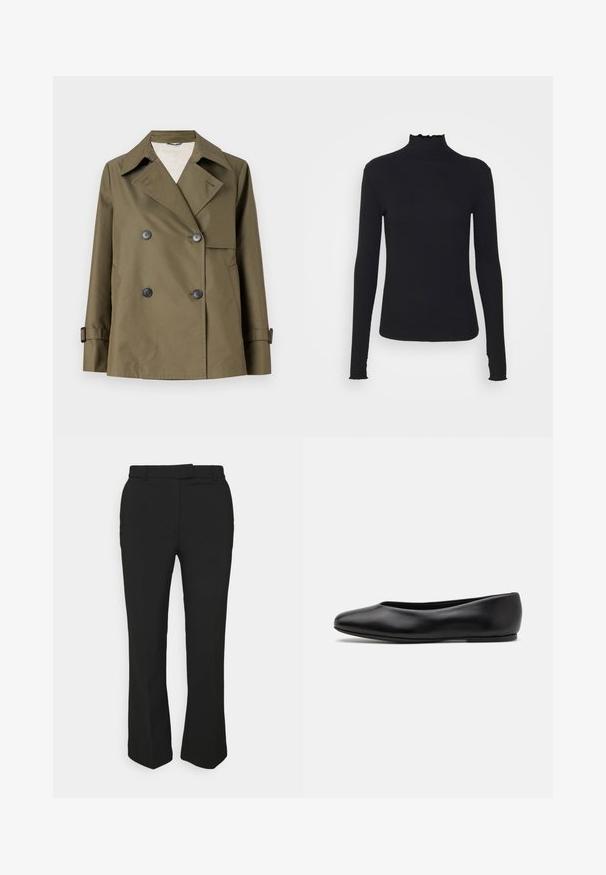 Weekend Max Mara BIGLIA - Mezisezónní bunda - kaki; Černý dlouhý rukáv rolák vyrobený z hladkého materiálu, s volánkovým límcem a přiléhavým střihem s jednoduchými okraji.; Černé kalhoty na míru se střihovým designem rovného nohavice, mají poutka na opasek a boční kapsy. Vyrobené z hladké tkaniny s čistým zakončením.; Paul Smith TOPANGA - Klasické baleríny - black