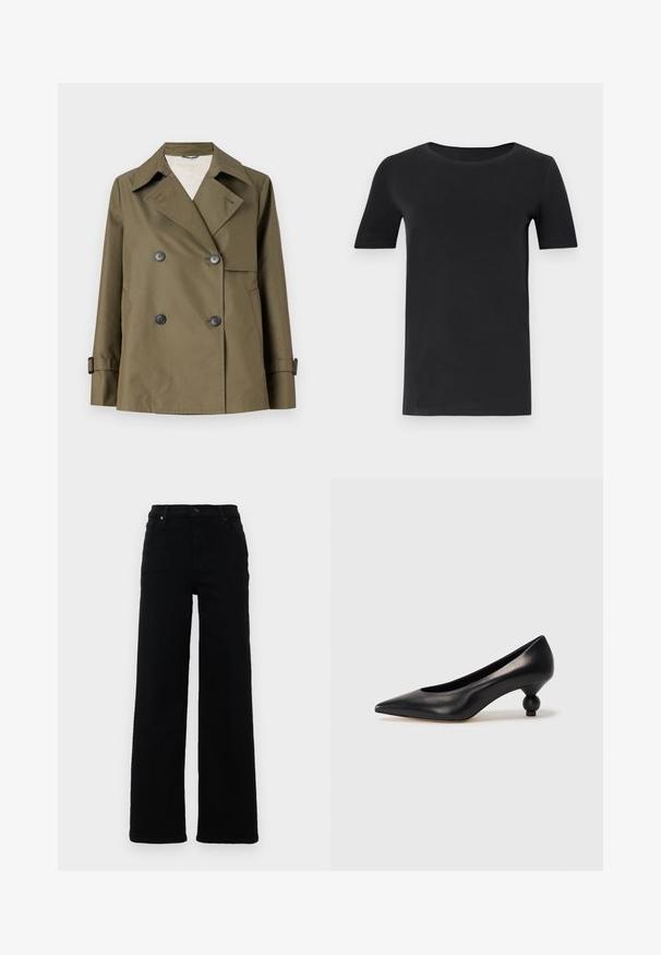 WEEKEND MaxMara BIGLIA - Jachetă subțire - kaki; Tricou negru cu mânecă scurtă, confecționat din bumbac moale, cu un gât rotund și o croială clasică. Textură netedă, fără modele sau broderii.; Blugi negri cu talie înaltă, cu un design drept, confecționați din denim. Caracteristici includ bucle pentru curea, buzunare frontale și un detaliu cu nasture.; Pantofii cu toc înalt din piele neagră, cu vârf ascuțit și toc rotund, mimos. Textură netedă, cu un design elegant și minimalist.