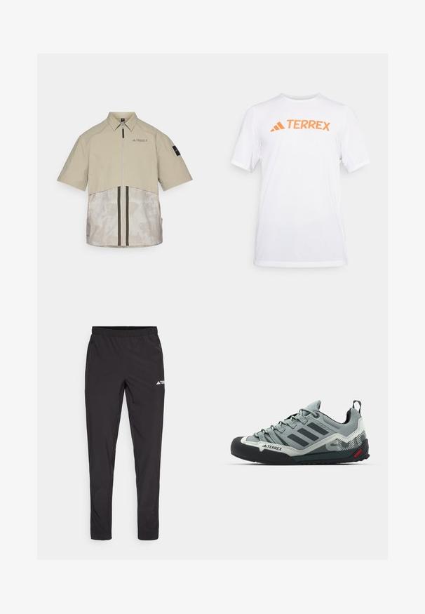 Chaqueta de manga corta beige con cierre de cremallera, diseño bicolor, panel inferior texturizado y logo negro en el pecho izquierdo y la manga.; Camiseta atlética blanca de manga corta hecha de material transpirable, con un logotipo naranja "TERREX" en el pecho. Diseño simple con líneas limpias.; Pantalones deportivos negros con cinturilla elástica, dos bolsillos laterales con cremallera y un logo en la parte superior de la pierna derecha. Tela suave y ligera.; Zapatos de escalada grises con un upper texturizado, punta de goma negra, tres rayas oscuras y un pequeño acento rojo en la suela.
