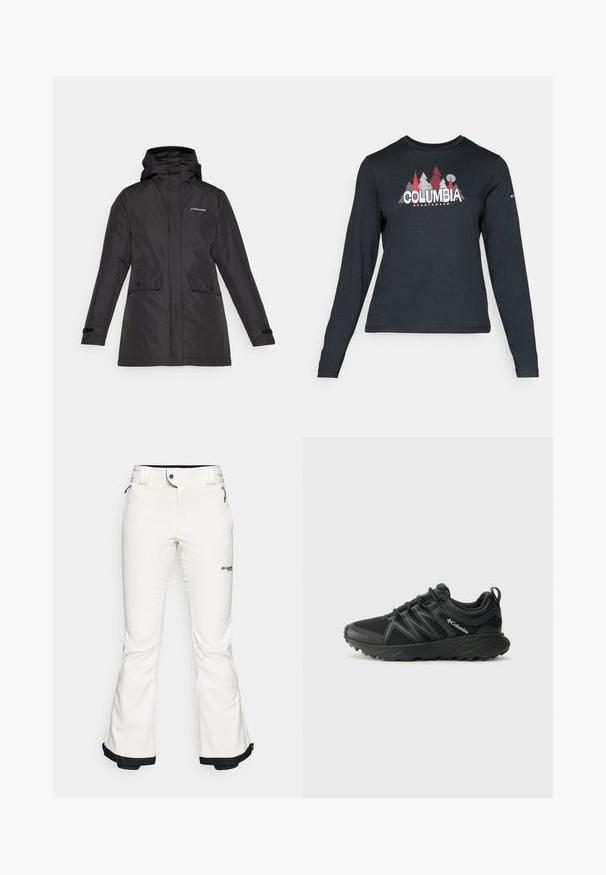 Crna vodootporna jakna s kapuljačom, dva prednja džepa i čičak manžete za prilagođavanje. Glatka tekstura s minimalističkim dizajnom.; Majica dugih rukava tamnosive boje s grafikom crvenih drveća i planina; logo "COLUMBIA" u podebljanom bijelom tekstu. Mekana tkanina, standardni okrugli izrez.; Bijele skijaške hlače izrađene od mekog, fleksibilnog materijala. Imaju uski struk, široke ispružene nogavice i crne obrube na manžetama. Vidljiv brend logo.; Columbia PEAKFREAK - Obuća za pješačenje - black