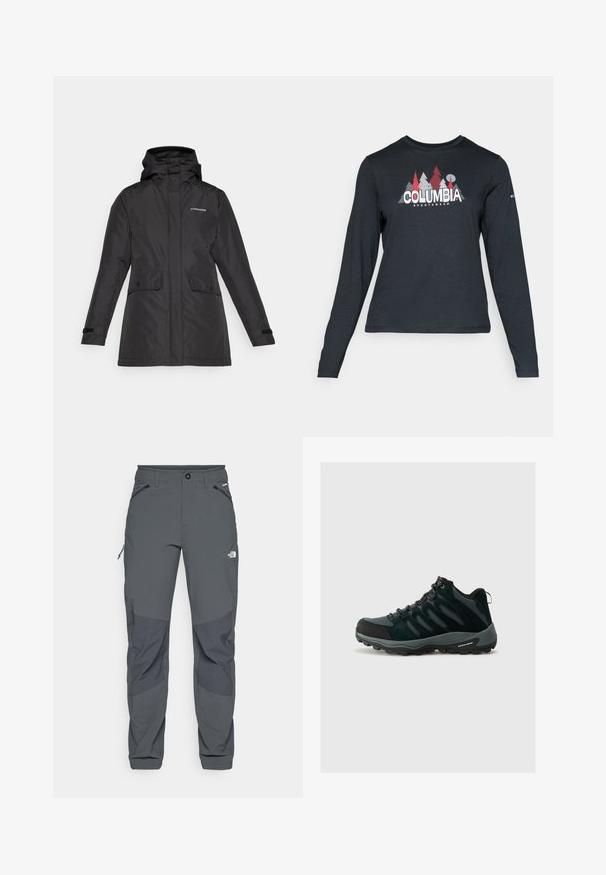 Casaco impermeável preto com capuz, dois bolsos frontais e ajustamentos em velcro nos punhos. Textura suave com um design minimalista.; Camisa de mangas longas cinza escuro com um gráfico de árvores vermelhas e montanhas; logótipo "COLUMBIA" em texto branco em negrito. Tecido suave, cuello redondo padrão.; Calças de exterior cinza escuras com remendos reforçados nos joelhos, bolsos laterais e frontais com fecho éclair, fecho de botão e o logotipo The North Face na coxa.; Columbia REDMOND - Sapatos de caminhada - black/citron haze