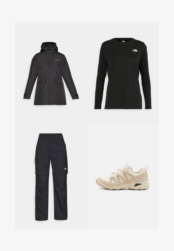 Czarna wodoodporna kurtka z kapturem, dwoma przednimi kieszeniami i regulacjami na mankietach na rzepy. Gładka tekstura z minimalistycznym designem.; Czarna koszulka z długim rękawem z bawełny z okrągłym dekoltem. Posiada niewielkie białe logo po lewej stronie na piersi. Prosty design i fason.; Czarne nylonowe spodnie cargo z odpinanymi nogawkami, regulowanymi mankietami, wieloma kieszeniami oraz logo na prawej nogawce. Gładka, lekka tekstura.; Beżowe i kremowe buty sportowe z teksturowanej siateczki, wspierającymi nakładkami oraz gumową podeszwą z wzorem bieżnika zapewniającym przyczepność.