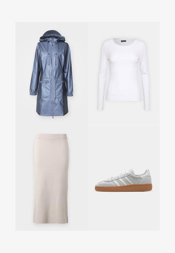 Rains Veste imperméable - bay; T-shirt à manches longues blanc côtelé avec un col rond. Fabriqué en un tissu extensible qui épouse le corps. Présente de fines lignes horizontales.; Jupe crayon en tricot de couleur beige clair, avec une taille côtelée, coupe ajustée et fente latérale pour faciliter le mouvement. Texture douce, design minimal.; Baskets en suède gris clair avec des accents en cuir blanc, trois rayures blanches et une semelle en caoutchouc marron, dotées d'un col rembourré pour plus de confort.