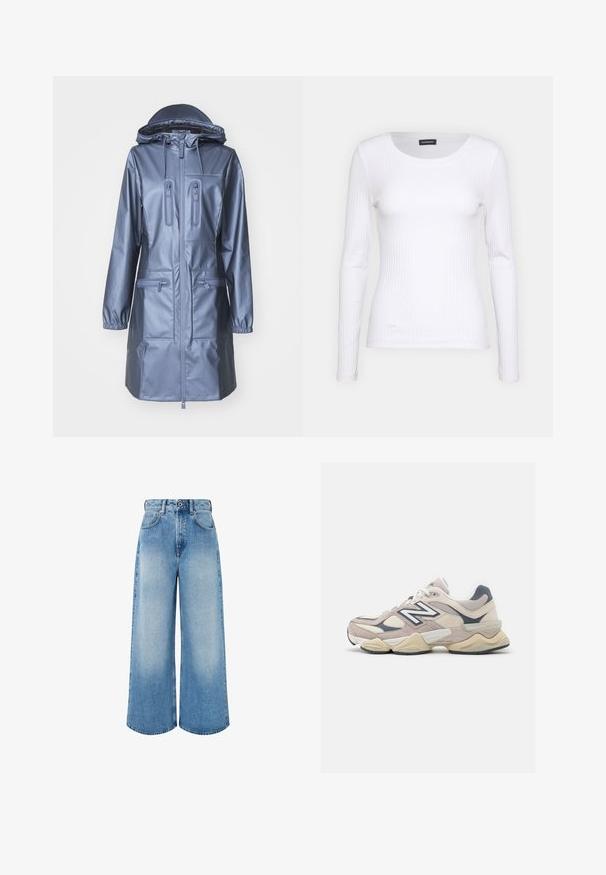 Rains CARGO CURVE JACKET W3 - Parka - bay; Top de manga larga blanco con cuello redondo. Fabricado en una tela elástica que se ajusta al cuerpo. Presenta sutiles líneas horizontales.; Vaqueros de mezclilla de pierna ancha en azul claro, con cintura alta, cierre de botón y un leve desvanecimiento con bordes de dobladillo limpios.; Zapatillas de deporte en rosa claro y beige, con materiales de malla y ante. Presentan un logo blanco, superposiciones texturizadas y una suela acolchada. Forma redondeada.