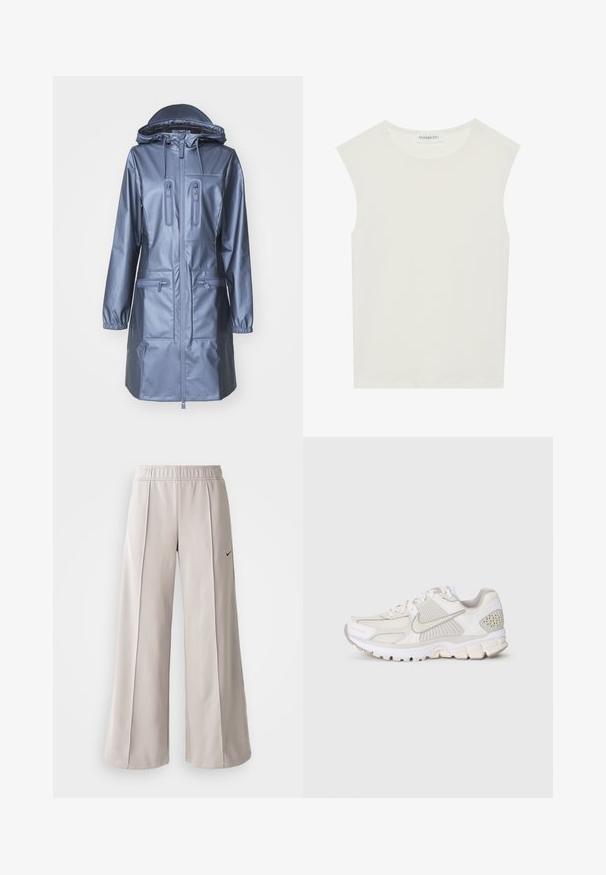 Rains Impermeabile - bay; Top bianco senza maniche con scollatura rotonda. Realizzato in tessuto liscio, presenta una vestibilità rilassata e un design minimalista. Nessun motivo o accentuazione.; Pantaloni ampi grigio chiaro realizzati in tessuto liscio. Presentano una vita elastica e il logo Nike nero sul lato sinistro.; Scarpa atletica bianca realizzata in materiali in rete e sintetici. Presenta un design testurizzato, colletto imbottito e accenti geometrici sul tallone.