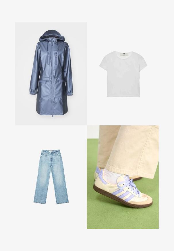 Rains Impermeabile - bay; T-shirt bianco a maniche corte e girocollo, realizzato in cotone morbido, con un design semplice e pulito, privo di motivi o dettagli visibili.; Jeans larghi in denim blu chiaro a vita alta, caratterizzati da un lavaggio sbiadito e da piccoli dettagli strappati sparsi.; Sneakers crema e lavanda con tre strisce e suola marrone texturizzata, dotati di lacci e tallone imbottito. Parte superiore in tessuto morbido.