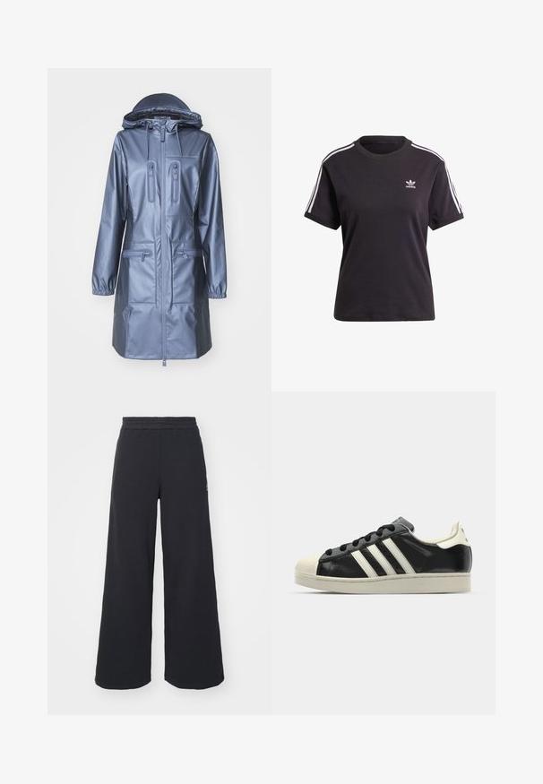 Rains Waterproof jacket - bay; Black cotton short-sleeve t-shirt with round neck, featuring white stripes on shoulders and a small white Adidas logo on the chest.; Black wide-leg sweatpants made from soft fabric, featuring an elastic waistband and a small logo on the left side.; Black leather sneaker with white stripes, rubber toe cap, black laces, and a cream-colored outsole. Smooth texture with shiny finish.