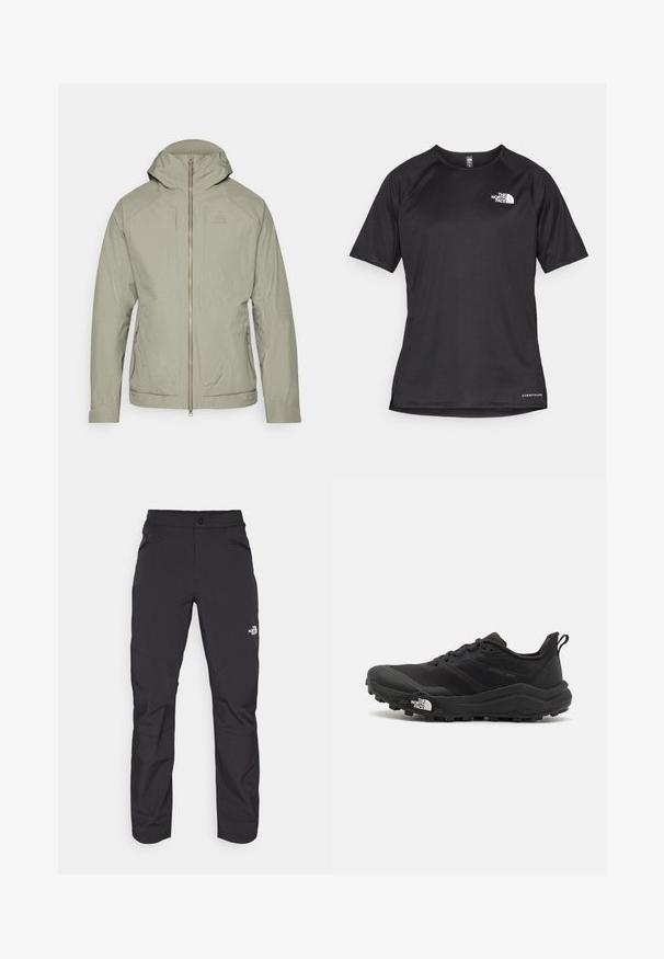 Ανοιχτό ελαιοπράσινο μπουφάν με υφασμάτινη υφή σε καρεδάκι, κλείσιμο με φερμουάρ, ρυθμιζόμενη κουκούλα και δύο πλαϊνές τσέπες. Διαθέτει εφαρμοστή γραμμή.; Μαύρο αθλητικό μπλουζάκι με κοντά μανίκια και υφή, με λευκή λογότυπο στο αριστερό στήθος και ίσια ραφή.; Μαύρο παντελόνι εξωτερικού χώρου με τσέπη μπροστά με φερμουάρ, συνθετικό υλικό, tapered πόδια και ενισχυμένα πάνελ γόνατος. Διαθέτει κούμπωμα με κουμπί.; Μαύρο αθλητικό παπούτσι τρεξίματος με υφασμάτινο άνω μέρος, καουτσούκ σόλα και ενισχυμένη μύτη. Διαθέτει επενδεδυμένο κολάρο και θηλιά στα πίσω για εύκολη φορεσιά.