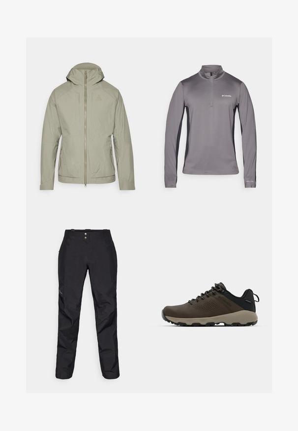 Lys olivengrøn jakke med et tekstureret rutenetmønster, lynlås lukning, justerbar hætte og to sidelommer. Har en tætsiddende design.; Grå langærmet pullover med halv lynlås, struktureret stof, kontrasterende sorte sidestykker og lille logo på brystet.; Sorte vandtætte bukser med en glat overflade, der har to frontknapper og en tapered ben-design. Beriget med et logo på siden.; Brune vandtætte sneakers med en tekstureret overflade, perforerede akcenter, sort hælunderstøttelse og en grå gummisål. Snørebåndene er udsmykket med metalender.