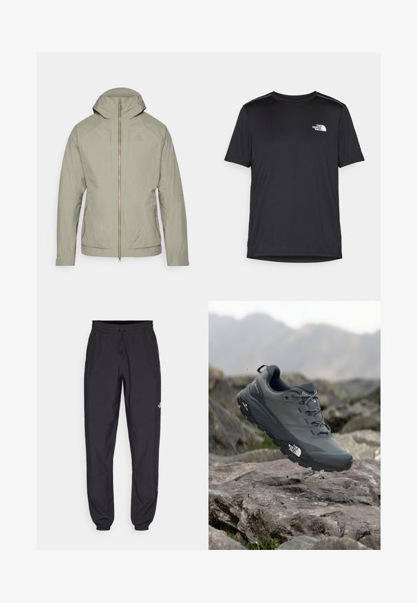 Svetle olivově zelená bunda s texturovaným mřížkovým vzorem, zipovým zapínáním, nastavitelnou kapucí a dvěma postranními kapsami. Disponuje přiléhavým střihem.; Černé tričko s krátkým rukávem vyrobené z lehkého materiálu. Má malé bílé logo na levé části hrudi a decentní akcenty na ramenech.; Černé sportovní kalhoty vyrobené z lehké tkaniny, s páskem na šňůrku, bočními kapsami a zúženými manžetami na kotnících.; Šedá trailová běžecká bota s texturovaným svrškem, odolnou gumovou podrážkou a vyztuženou špičkou. Obsahuje tkaničky a logo značky na straně.