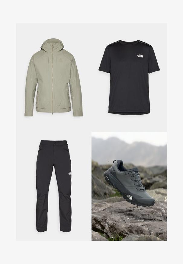 Giacca verde oliva chiaro con un motivo a griglia testurizzato, chiusura con zip, cappuccio regolabile e due tasche laterali. Presenta un design aderente.; T-shirt nero a maniche corte realizzata in tessuto leggero. Presenta un piccolo logo bianco sul lato sinistro del petto e delicati dettagli sulle spalle.; Pantaloni da esterno neri con tasca frontale con zip, materiale sintetico, gambe affusolate e pannelli rinforzati sulle ginocchia. Presentano una chiusura con bottone.; Scarpa da trail running grigia con tomaia testurizzata, suola in gomma resistente e punta rinforzata. Presenta lacci e logo del marchio sul lato.