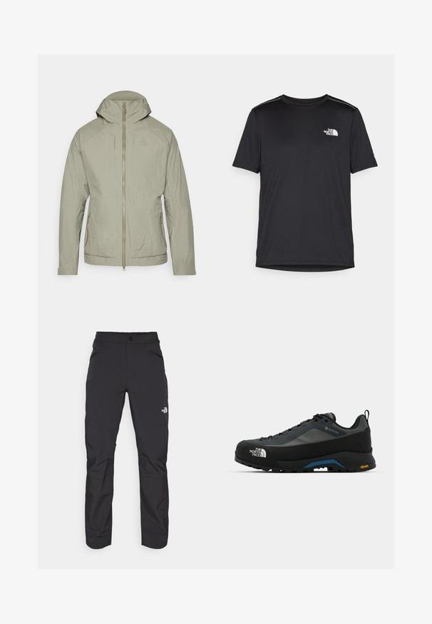 Lys olivengrøn jakke med et tekstureret rutenetmønster, lynlås lukning, justerbar hætte og to sidelommer. Har en tætsiddende design.; Sort t-shirt med korte ærmer lavet af letvægtsstof. Har et lille hvidt logo på venstre bryst og diskrete skuldrelementer.; Sorte udendørs bukser med lynlåslomme foran, syntetisk materiale, tætsiddende ben og forstærkede knæpaneler. Har en knaplukning.; The North Face VERTO ALPINE GORE TEX - Hikingsko - asphalt grey/tnf black