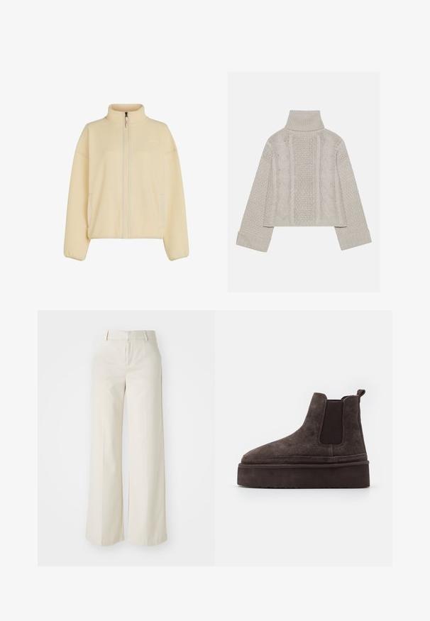 Fleecejacka i mjuk krämfärg, med hög krage, hel dragkedja fram och sidofickor. Texturerat tyg med ribbad mudd.; Beskurad, ljusgrå stickad tröja med hög krage och ribbade manschetter, med strukturerade kablar som går längs bakstycket och sidorna.; Vidbenade byxor i en ljus beige färg, gjorda av ett slätt tyg. Har en klassisk midja och flat front med rena linjer.; Bruna mockaskinn Chelsea-stövlar med elastiska sidopaneler och en tjock, texturerad platåsål. Har en dragflik vid hälen för enkel påtagning.