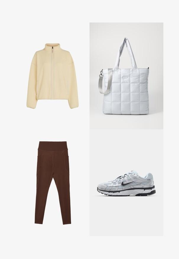 Veste en polaire de couleur crème douce, avec un col haut, une fermeture éclair frontale complète et des poches latérales. Tissu texturé avec des poignets côtelés.; T-shirt cropped à manches courtes marron en tissu doux, avec un col rond et des coutures nettes sans motifs ni accents.; Leggings marron en matériau extensible avec une taille haute à côtes et des poches latérales. Présentent une couture à plat pour une durabilité accrue.; Baskets Nike P-6000 avec une tige en mesh gris clair, des accents noirs et une semelle en caoutchouc noir durable. Présente un design complexe et un système de laçage.; Sac fourre-tout matelassé gris clair avec deux poignées pour l'épaule et une bandoulière amovible, présentant une texture lisse et rembourrée ainsi qu'un logo discret.