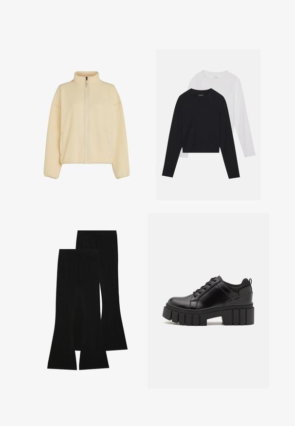 Veste en polaire de couleur crème douce, avec un col haut, une fermeture éclair frontale complète et des poches latérales. Tissu texturé avec des poignets côtelés.; Deux chemises à manches longues : une noire et une blanche. Les deux présentent un col rond, des manches raglan et un tissu doux en mélange de coton.; Pantalons noirs évasés en tissu extensible, dotés d'une taille haute et d'une texture lisse, avec une coupe ajustée qui s'évasent à partir du genou.; Chaussures à plateforme en cuir noir avec un talon bloc épais, bout rond et un design traditionnel à lacets. Elles présentent une texture lisse et un détail minimal.