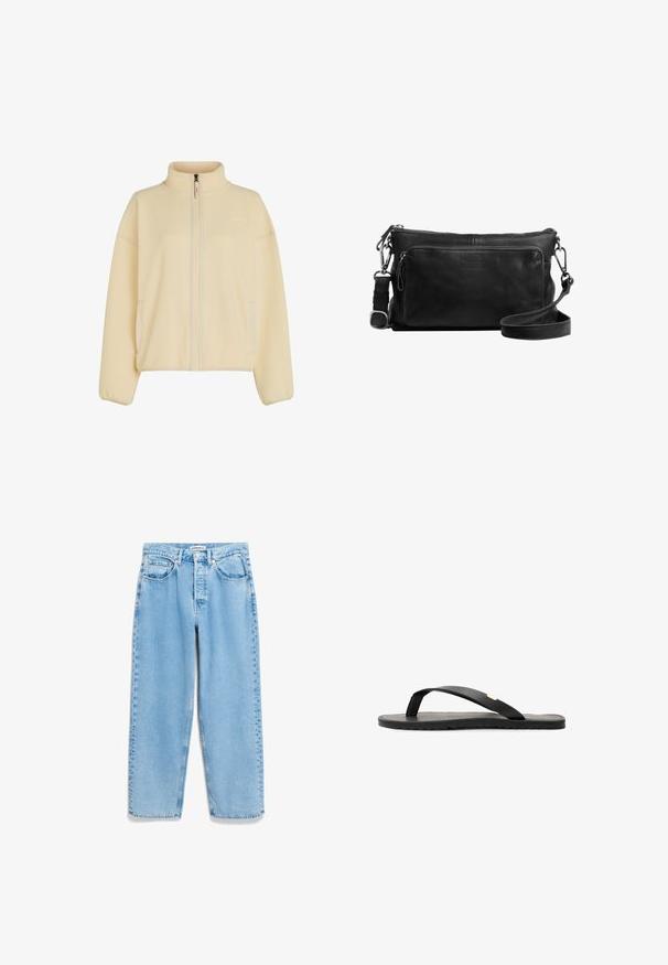 Fleece jakke i blød cremefarve, med høj krave, fuld frontlynlås og sidelommer. Struktureret stof med ribstrikkede manchetter.; Hvid bomulds t-shirt med korte ærmer, rund halsudskæring og en afslappet pasform. Glat tekstur og enkelt design, ingen mønstre eller detaljer.; Lyseblå denim jeans med loose fit, høj talje, fem lomme-design og subtil lysning langs benene.; Sort flip-flop sandal med flad sål, tekstureret sort indersål, glatte stropper og en lille gul accent nær tåposten.; Sort læder crossbody taske med en lynlås hovedrum, frontlomme, sølvhardware og justerbar skulderrem. Glat tekstur.