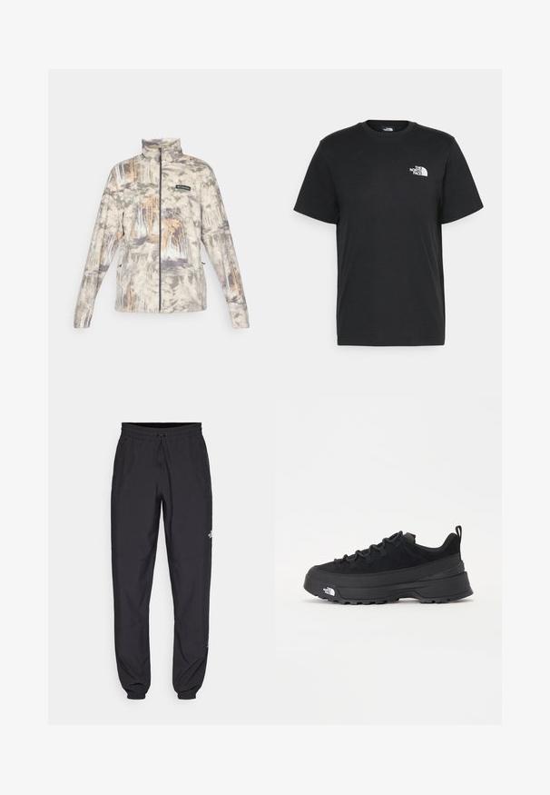 Hele glidelås fleecejakke med høy krage, dempet kamuflasjemønster i skog i grått, beige og brunt, med Columbia-logo på brystet.; Svart bomull t-skjorte med korte ermer, rund hals og en liten hvit logo på venstre bryst. Enkel design, glatt tekstur og avslappet passform.; Sorte idrettsbukser laget av lett stoff, med snor i livet, sidelommer og smale mansjetter ved anklene.; Svart utendørs sneakers med overdel i semsket skinn, teksturert gummisåle og solid snøresystem. Har forsterket hæl og merkevarelogo på siden.