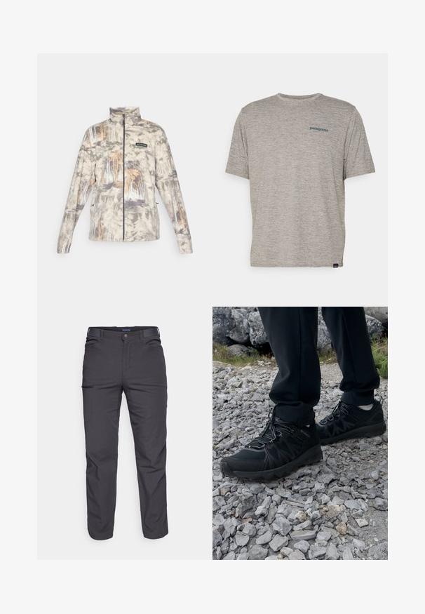 Casaco de fleece com fecho em todo o comprimento e colarinho alto, padrão de camuflagem florestal em tons discretos de cinza, bege e castanho, apresentando o logo da Columbia no peito.; Camiseta cinza de manga curta feita de um tecido suave e texturizado, com um pequeno logo azul da Patagonia no lado esquerdo do peito. Sem padrões adicionais.; Calças cinza-escuras feitas de um tecido durável, com um bolso com fecho éclair, corte reto e passantes para cinto para um ajuste ajustável.; Sapatos pretos para exterior, feitos de material em malha e sintético, com um cabedal texturizado, sistema de atilho seguro e uma sola robusta, sobre terreno rochoso.