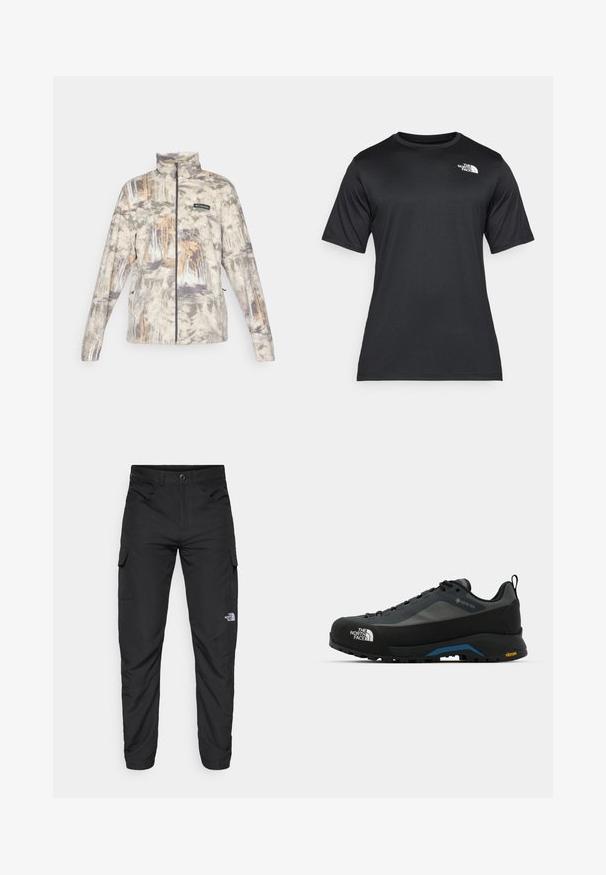 Giacca in fleece con zip completa, colletto alto, motivo camouflage in tonalità grigio, beige e marrone, con logo Columbia sul petto.; T-shirt nero a maniche corte realizzato in tessuto leggero e traspirante. Presenta un logo bianco sul lato sinistro del petto e un collo a giro.; The North Face HORIZON PANT - Pantaloni outdoor - black; The North Face VERTO ALPINE GORE TEX - Scarpa da hiking - asphalt grey/tnf black