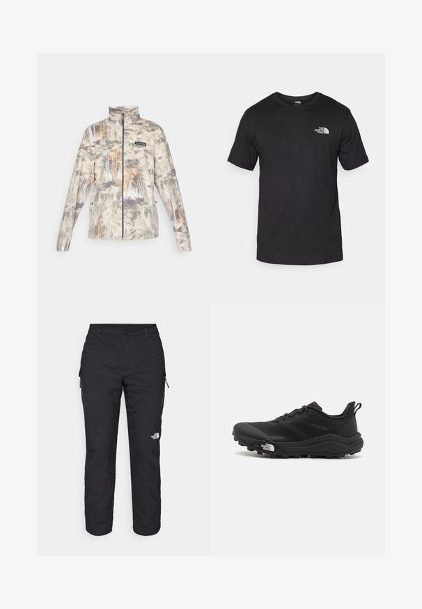 Täieliku lukuga fliisjakker kõrge kaelusega, halli, beeži ja pruuni toonides vaikses metsakaamoses, millel on Columbia logo rinnal.; Must have lühikeste varrukatega must T-särk, mis on valmistatud puuvillast, ümmarguse kaelusega ja väikese valge logoga vasakus ülanurgas.; The North Face WINTER EXPLORATION TAPERED CARGO - Õuepüksid - black; Must tume jooksujalats musta värvi, tekstuurse ülemise osaga, kummist tallaga ja tugevdatud varbaga. Omab pehmendusega krae ja tõmblinti mugavaks selga panemiseks.