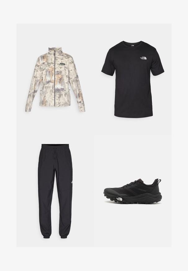 Jakna od flisa s punim zatvaračem i visokim ovratnikom, prigušeni kamuflažni uzorak šume u sivoj, bež i smeđoj boji, s logotipom Columbia na prsima.; Crna majica kratkih rukava od pamuka, s okruglim izrezom i malim bijelim logotipom na gornjem lijevom dijelu prsnog koša.; Crne sportske hlače od lagane tkanine, s pojasom na vezanje, bočnim džepovima i suženim manžetama na gležnjevima.; Crne trail trkačke cipele s teksturiranim gornjim dijelom, gumeni potplat i ojačana zaštita za prste. Imaju podstavljen ovratnik i trakicu za lakše obuvanje.