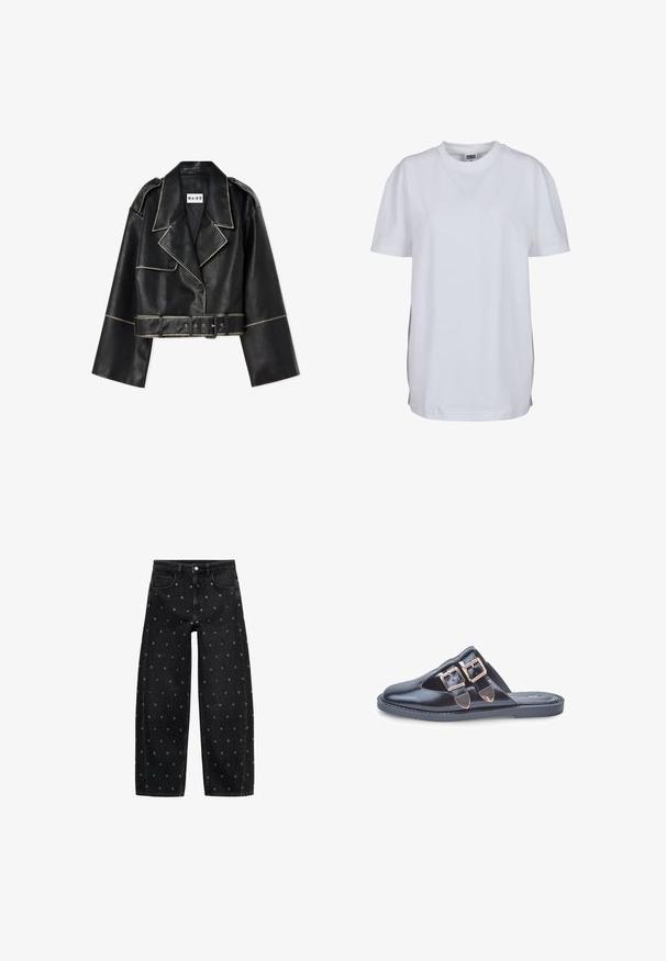 Krojena črna usnjena jakna s širokimi rokavi, kontrastnim belim šivanjem, zarezanimi ovratnikom, dvema gumboma in ujemajočim pasom.; Bela kratkotrajna majica s kratkimi rokavi iz bombaža, ki ima okroglo ovratnico in sproščen kroj, brez vidnih vzorcev ali grafik.; Črne široke kavbojke iz denima z vzorcem manjših srebrnih gromet, klasičnega pet-pocket dizajna in sprednjim zapiranjem na gumb.; Črne usnjene mule brez petnega dela s koničastim nosom in dvema zlatima zaponkama na zgornjem delu, ravnim gumijastim podplatom, fotografirano na belem ozadju.